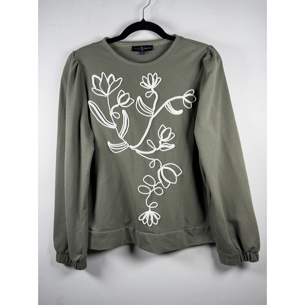 Fred David floral knit green Med long sleeve women's Embroidered Floral Cottage